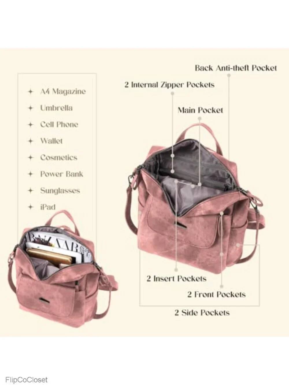 Women's Faux Leather Convertible Backpack Purse Anti-Theft